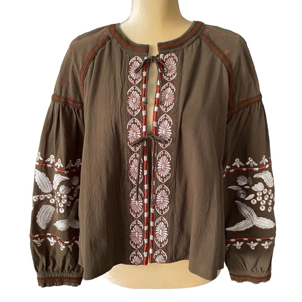 RD & Kokio Boho Embroidered Tie Jacket Pockets Puff Sleeve